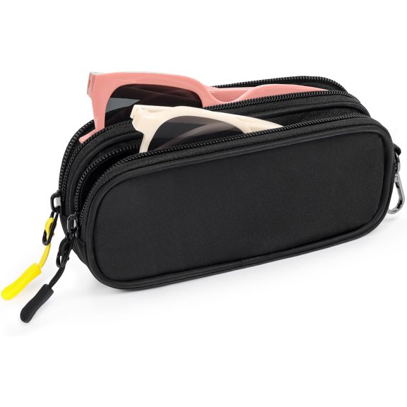 Double Glasses Case, Soft Dual Eyeglass Sunglasses Pouch, Portable Travel Eyewear Organizer Holder with Clip