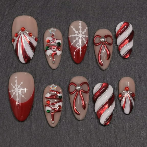 Double Gold Plated Almond Press On Nails, 30Pcs High-End Grid Bowknot Diamond Christmas Tree Fake Nails, Festive Nail Art Set