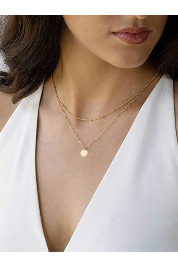 Double Gold Side Chain Stainless Steel Layered Disc Pendant Necklace For Women