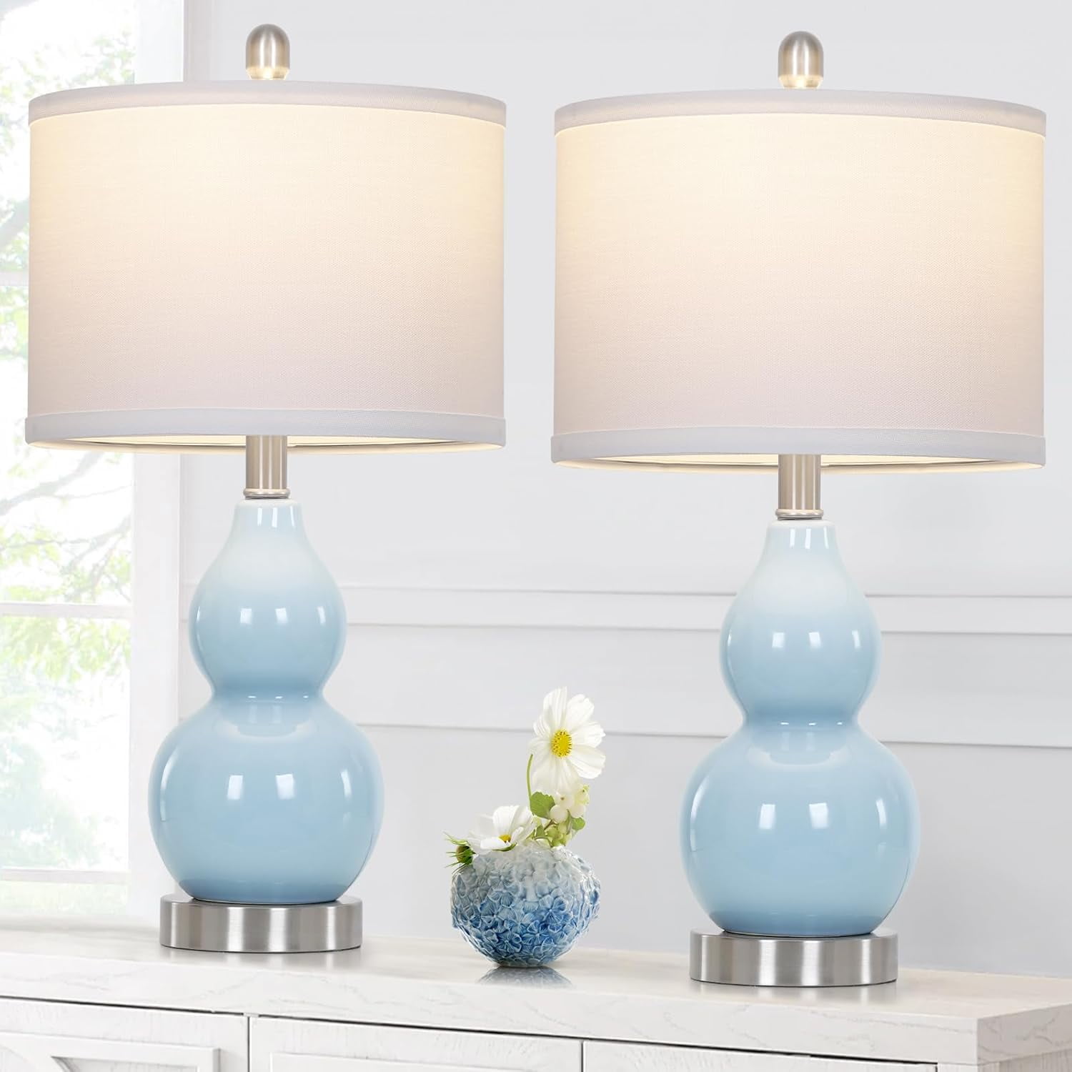Double Gourd Ceramic Table Lamps Set of 2, Modern Blue Bedside