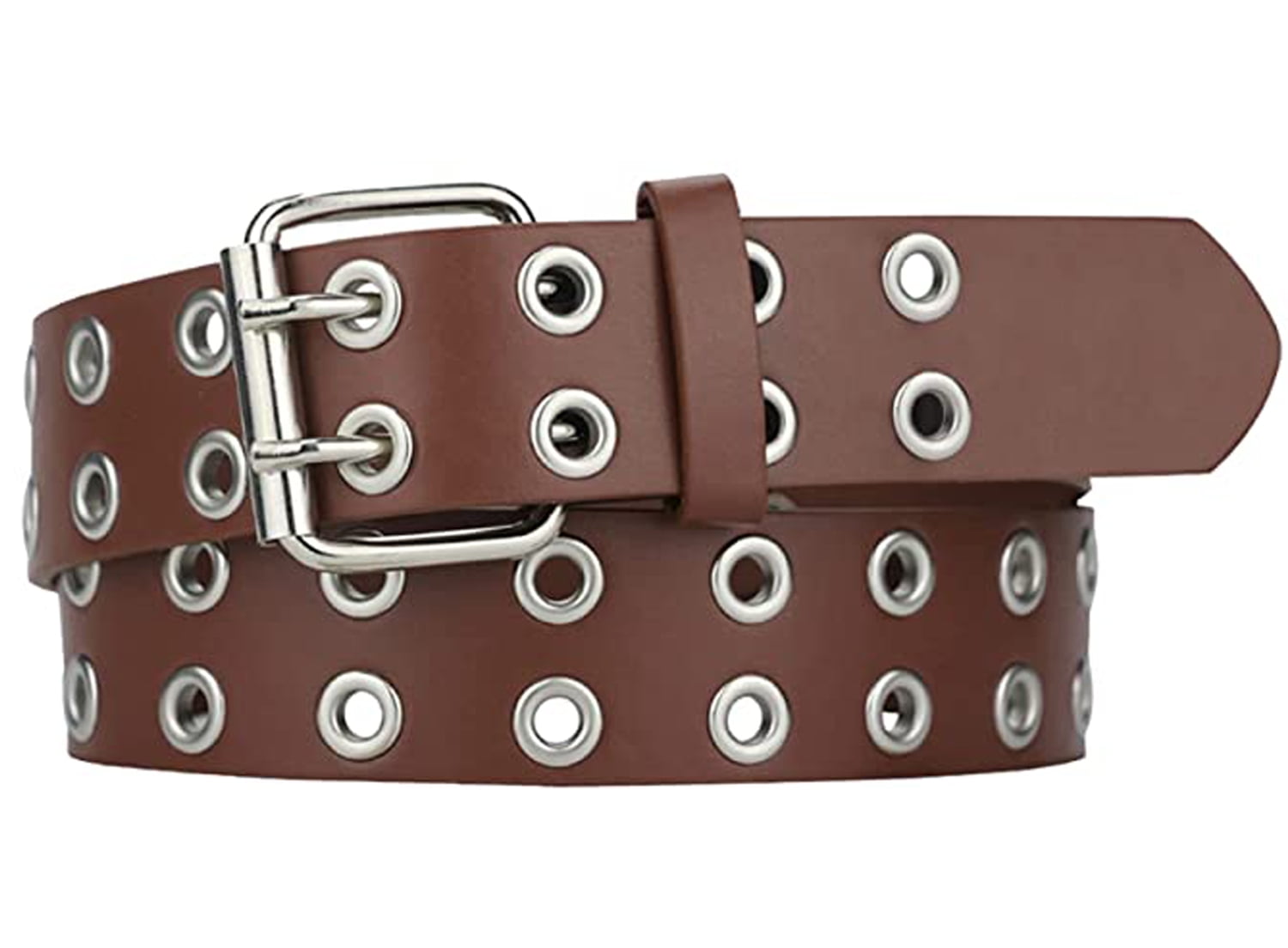 Double Grommet Belt ,43in PU Leather Punk Belt for Women Men(Brown,1Pcs)