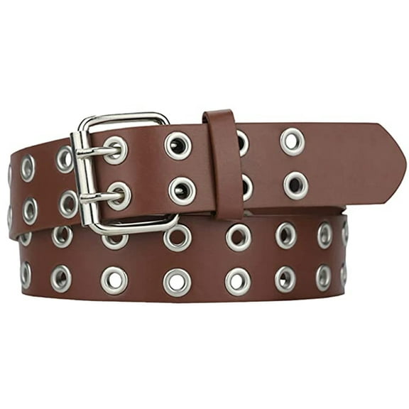 Double Grommet Belt ,43in PU Leather Punk Belt for Women Men(Brown,1Pcs)