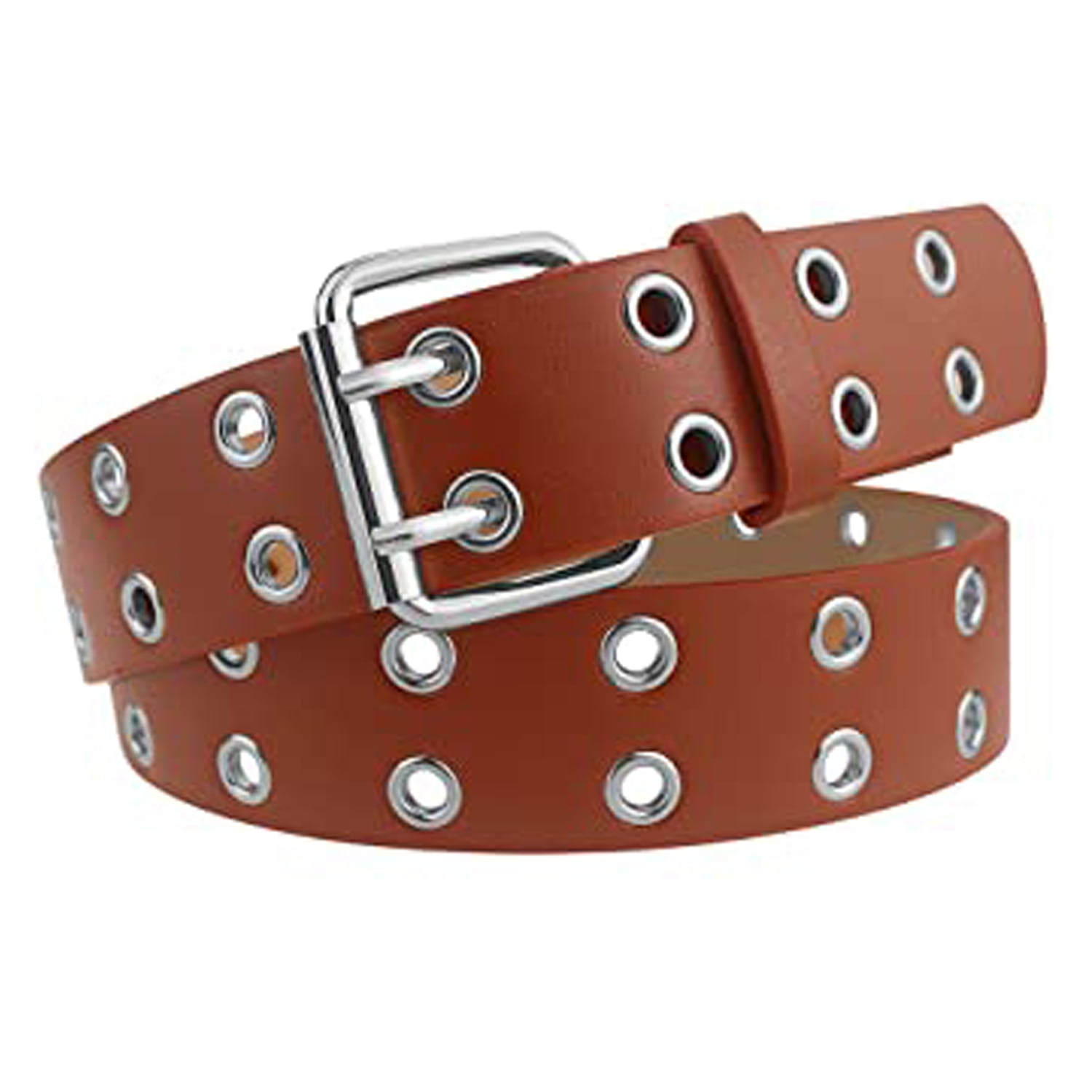 Double Grommet Belt ,43in PU Leather Punk Belt for Women Men(Khaki,1Pcs)