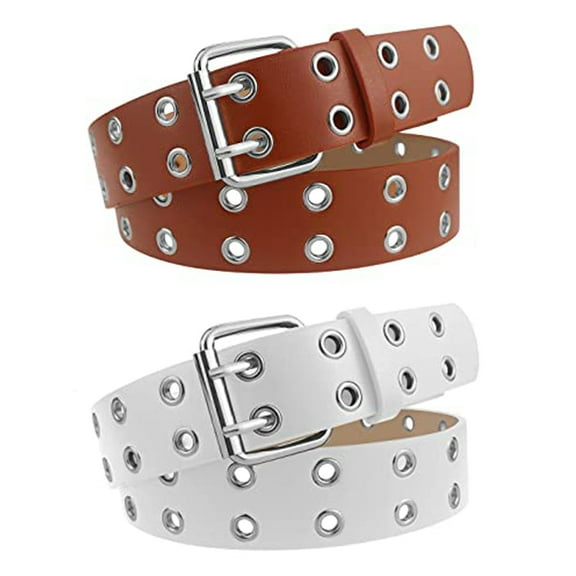 Double Grommet Belt ,43in PU Leather Punk Belt for Women Men(Khaki,White,2Pcs )