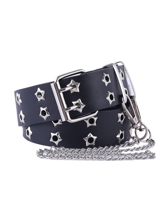 Double Grommet Belt Double Grommet Prong Buckle Leather Casual Jean Belt Black
