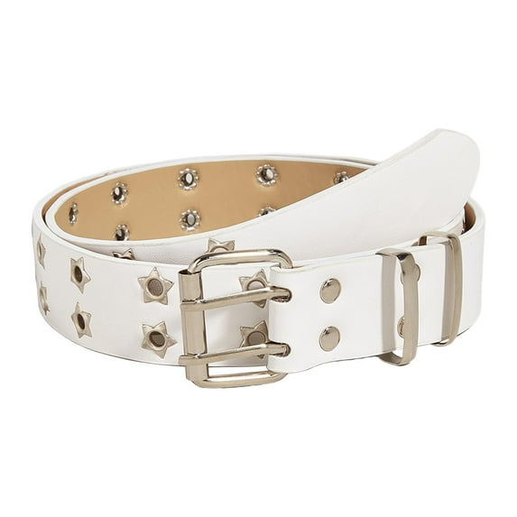 Double Grommet Belt PU Leather Punk Belt for Women Men Jeans 2 Holes Belts 3.3cm White