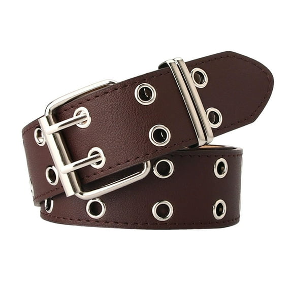 Double Grommet Belt PU Leather Punk Double Prong Buckle for Men Women Coffee