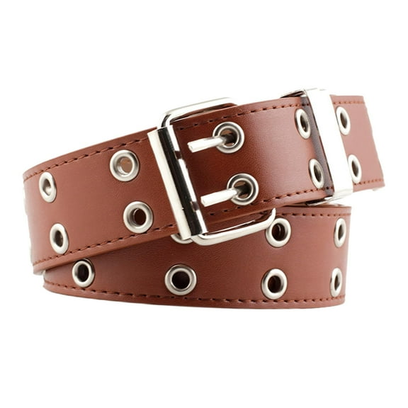 Double Grommet Belt for Women Men Leather Punk Rock Adjustable Belts Double Prong Buckle Eyelet Hollow Waist Belt - Brown