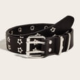 thumbnail image 1 of Double Grommet Belt for Women Men PU Leather Double Prong Buckle Vintage Punk Jeans Belts Black, 1 of 8