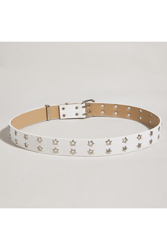 Double Grommet Belt for Women Men PU Leather Double Prong Buckle Vintage Punk Jeans Belts White