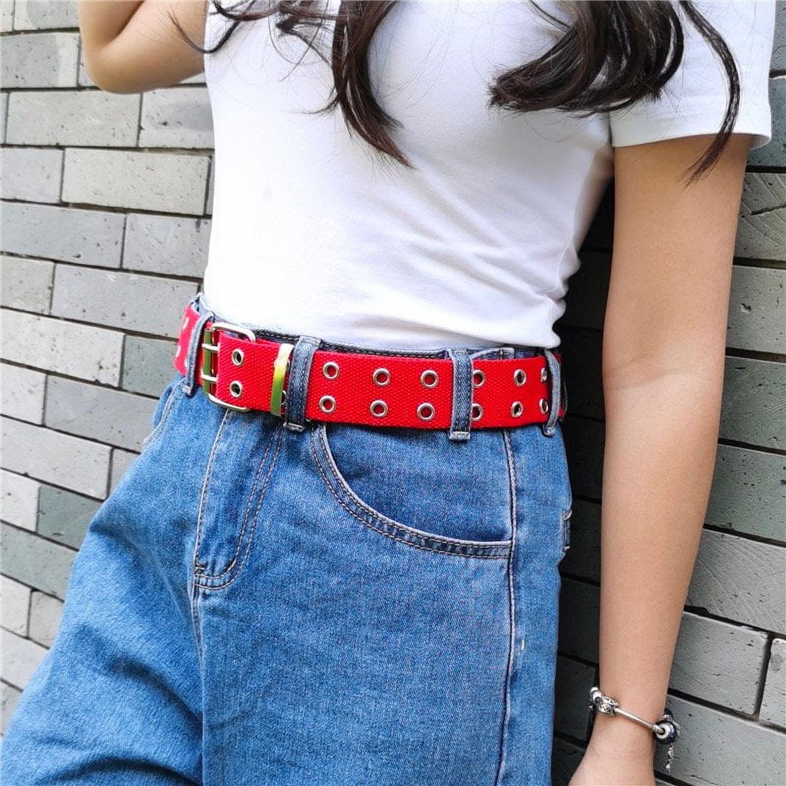 Double Grommet Canvas  Belt for Women Men Punk Nylon Belt Jeans 2