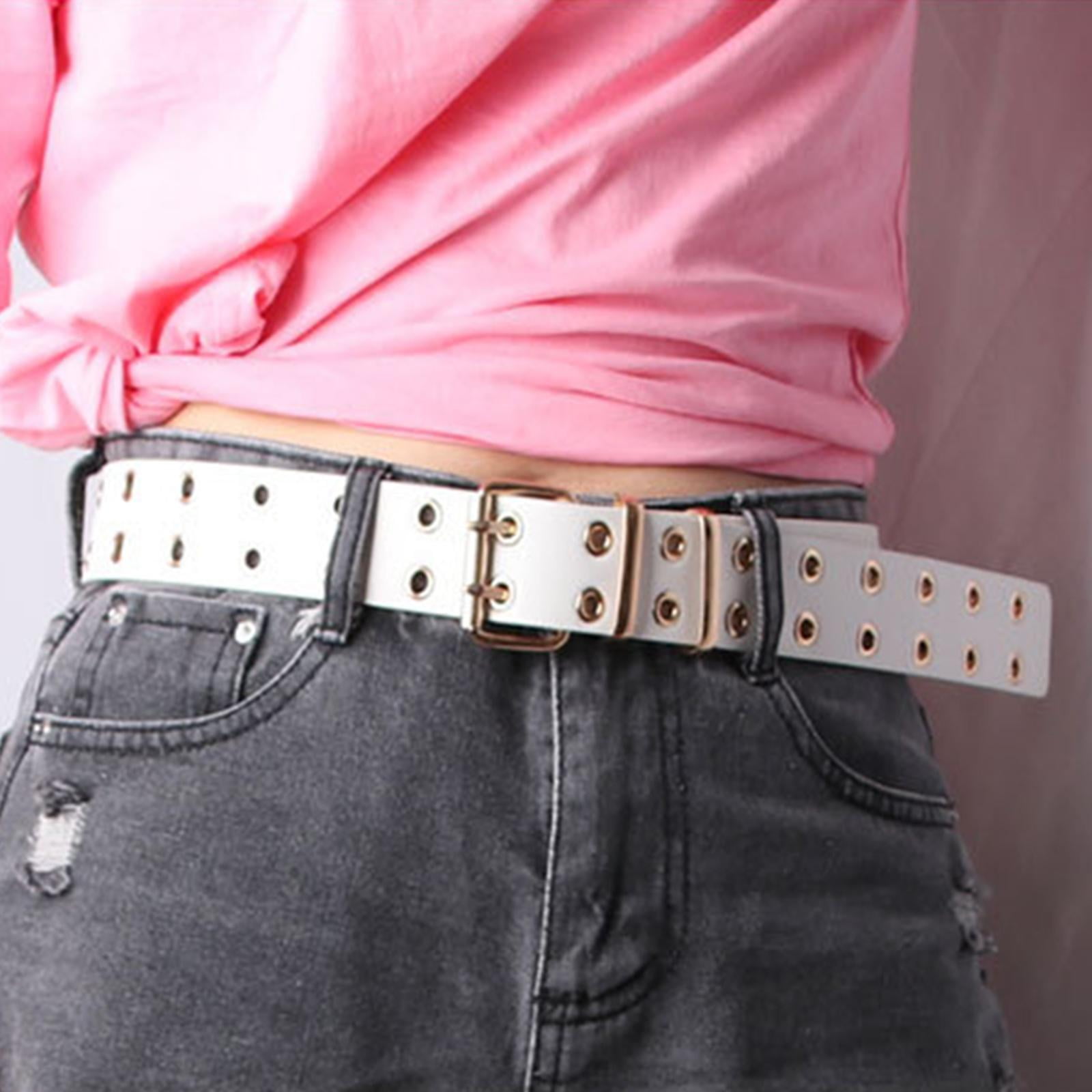 Double Grommet Punk Belt, Accessories, Fashion with , Gothic White Leather PU for Adjustable Jeans. Hollow Vintage Eyelet Pants