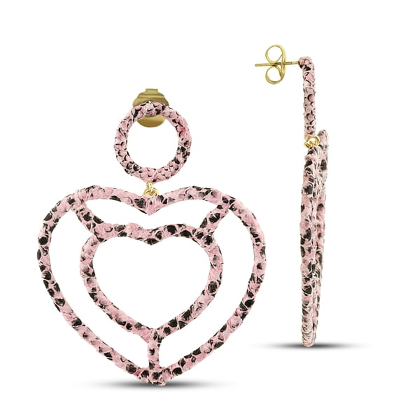 Double Hallow Heart Drop Earrings, Snakeskin Leather Oversize Earrings, Pinky Jewelry, Dangle Earrings, Large Stud Earrings, Pink Big Heart Earrings, Boho Jewelry