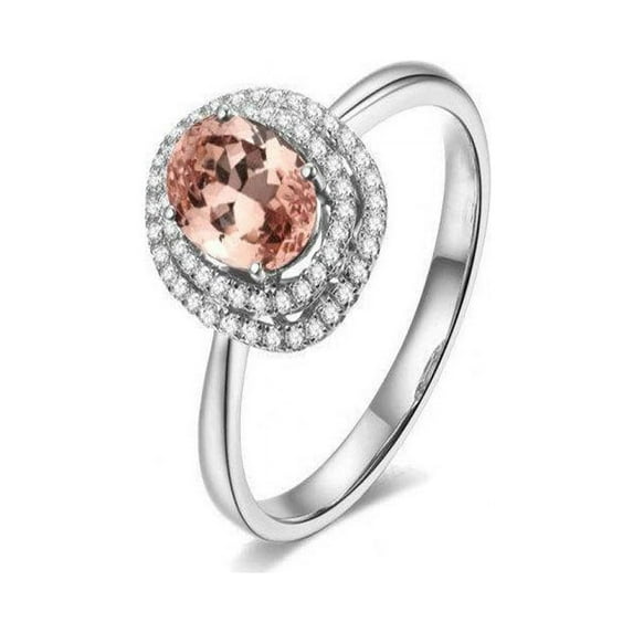 Double Halo 1.50 Carat Morganite and Diamond Engagement Ring in 14k White Gold affordable morganite and diamond engagement ring