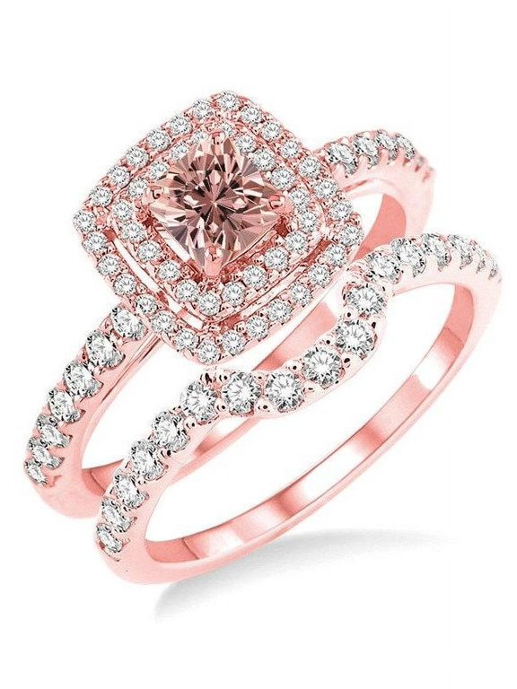 Double Halo 1.50 Carat Princess cut Morganite and Diamond Wedding Set in 14k Rose Gold morganite and diamond engagement ring