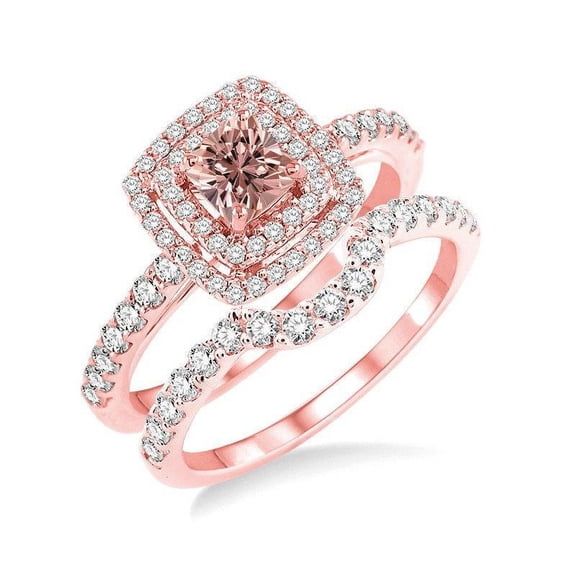 Double Halo 1.50 Carat Princess cut Morganite and Diamond Wedding Set in 14k Rose Gold morganite and diamond engagement ring