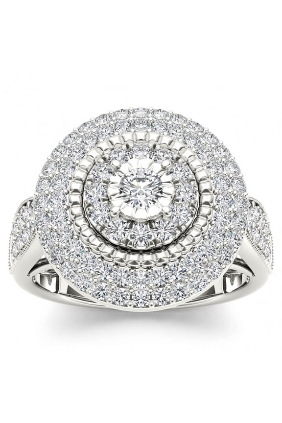 Double Halo Cluster Wedding Ring, Cocktail Pave Set Engagement Ring, 2.2 Ct Simulated Round Brilliant Cut Diamond, 14K White Gold Plated, Promise Proposal Anniversary Ring For Her Birthday Gift