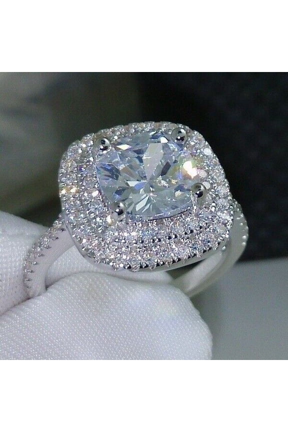 Double Halo Engagement Ring 14k White Gold Plated Silver 2Ct Cushion Cut VVS1/D Diamond