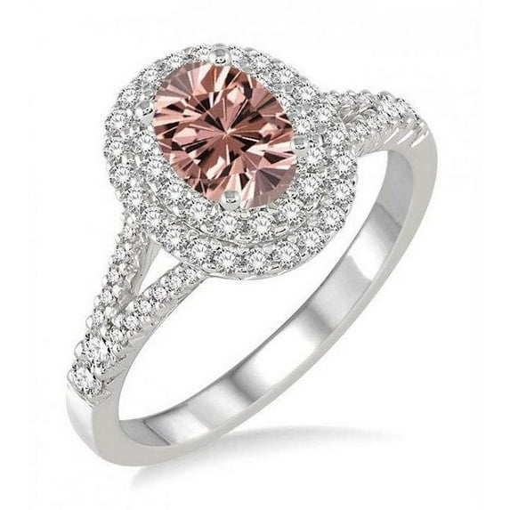 Double Halo Oval Shape Morganite and Diamond Engagement Ring in 14k White Gold affordable morganite and diamond engagement ring