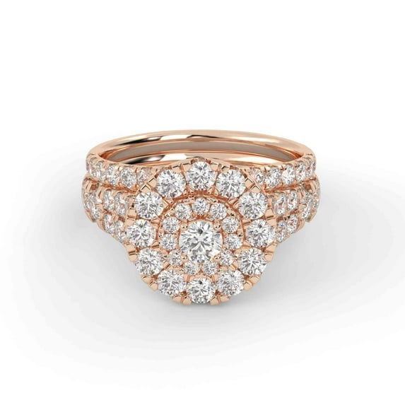 Double Halo Split Shank Bridal Ring Set, 1.70 Cttw Lab Created Moissanite Engagement Wedding Rings for Women In 14K Rose Gold Over Sterling Silver VVS1 Quality Ring Size-4