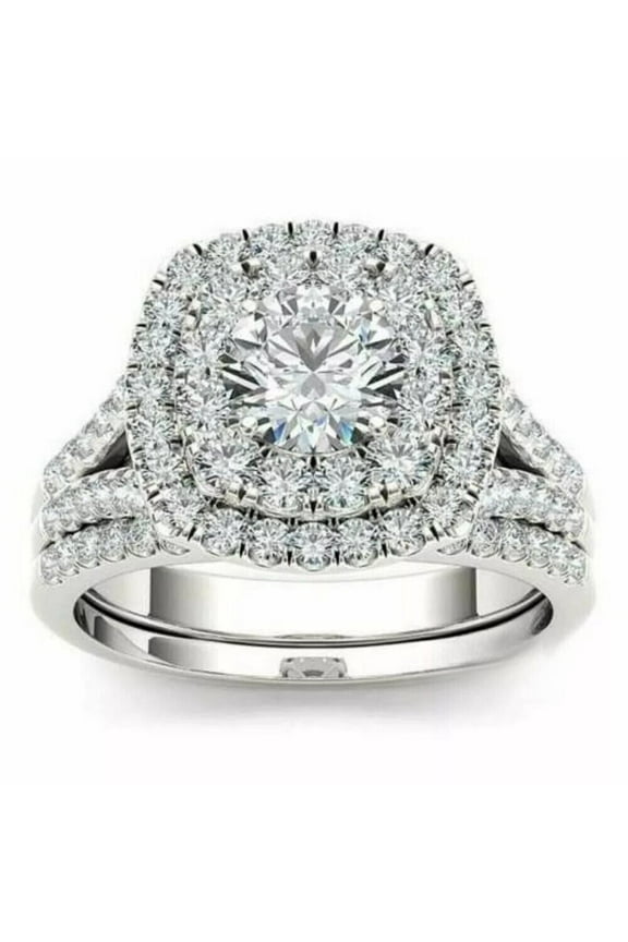 Double Halo Split Shank Bridal Set Engagement Ring For Women's 2.1 Ct Diamond 14K White Gold Over