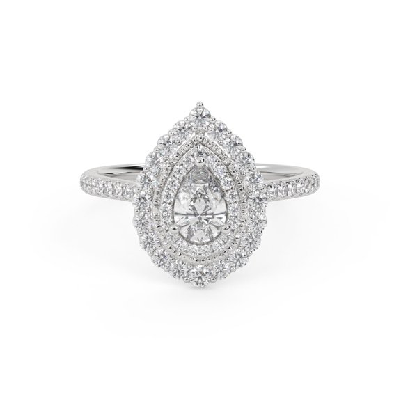 Double Halo Teardrop Engagement Rings for Women, IGI Certified 0.88 Cttw Pear And Round Cut Lab Grown Diamond Ring In 18K Solid White Gold F-G, VS-SI Quality Ring Size-8