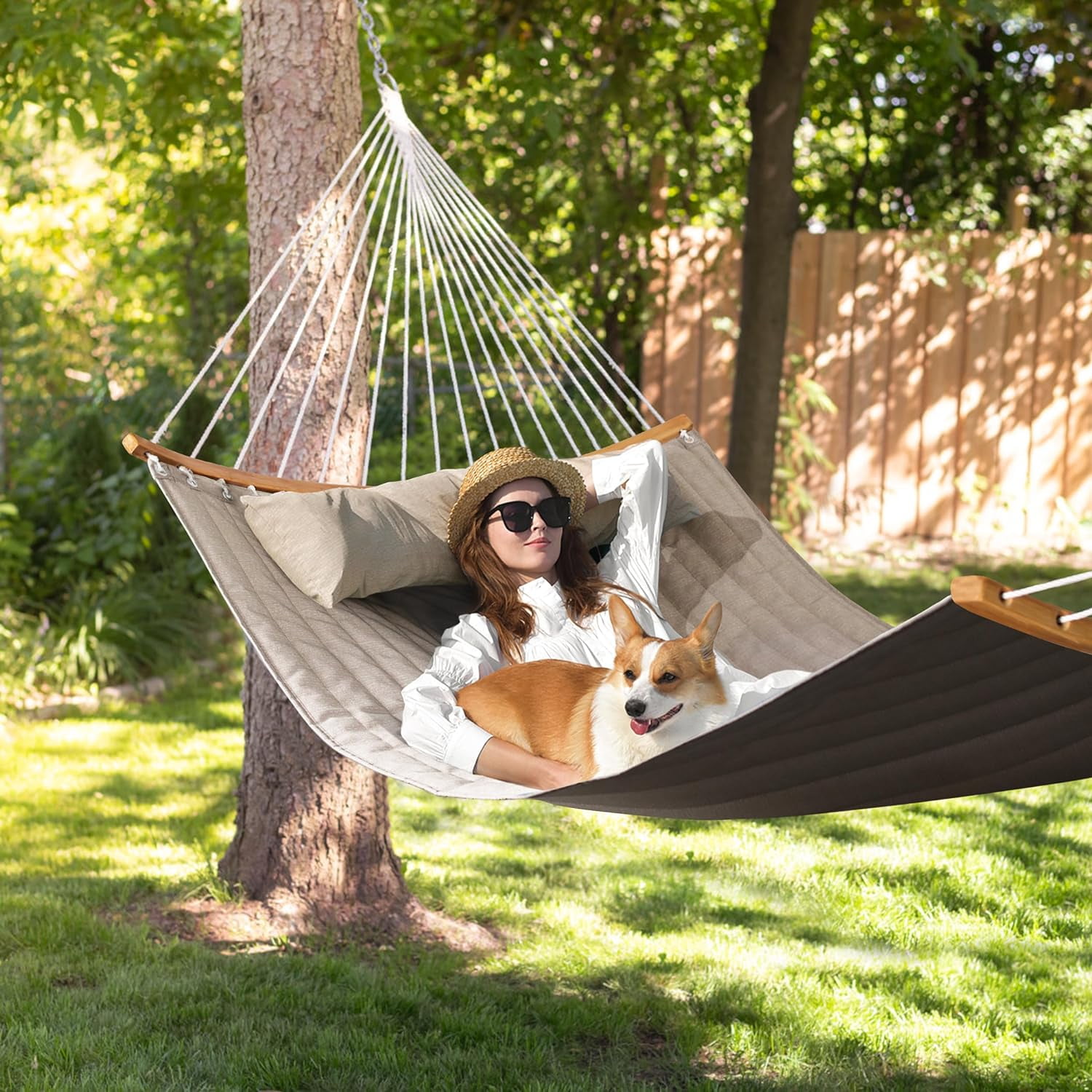 Double Hammock, 11 FT Quilted Fabric 2 Person Hammock for Outside with
