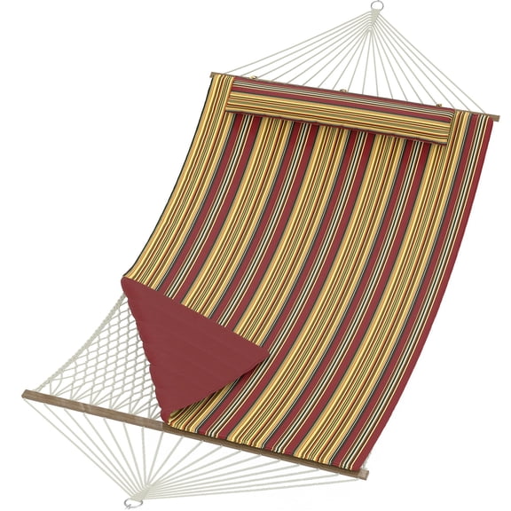 Double Hammock, 12FT Quilted Outdoor Swing Bed for 2 People, Removable Ergonomic Pillow, Heavy Duty 450 Lbs for Patio, Garden, Backyard,Red Yellow Stripe