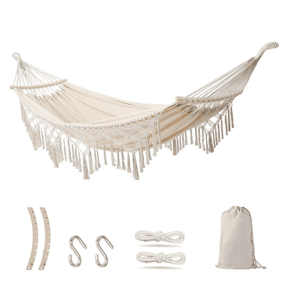 Double Hammock,2-Person Canvas Solid Wood Tassels Fishtail Knitting with Mounting Straps & Curved Rod & Carrying Bag for Outdoor Camping Patio Balcony, Beige