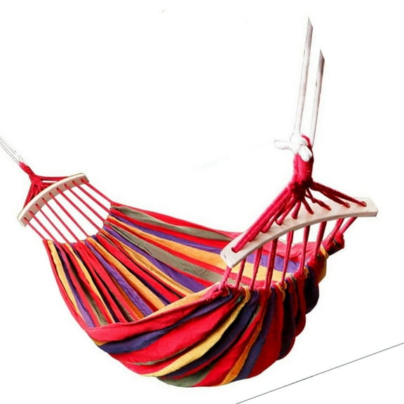 Double Hammock, 2 Person Cotton Canvas Portable Hammock, with 2 Anti Roll Balance Beam and Sturdy Metal Knot Tree Straps for Tree, Camping, Backyard and Beach, Carrying Bag Included