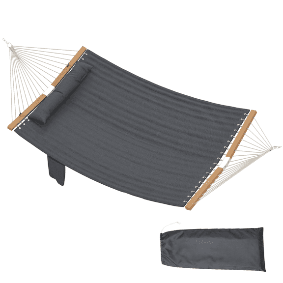 Double Hammock 2 Person with Pillow, 440lbs Capacity Outdoor Hanging Bed, Padded Quilted Hammock for Patio, Balcony, Gray