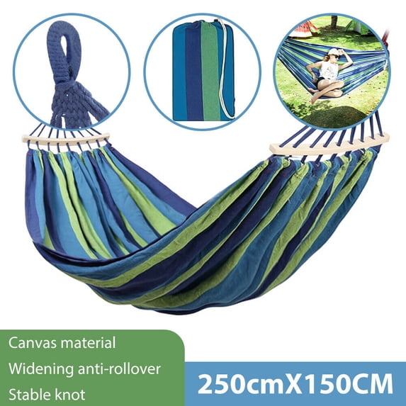 Double Hammock 2 People, with Two Anti Roll Balance Beam,DFITO Canvas Cotton Hammock with Carrying Bag Travel, Beach, Backyard etc (Blue Stripes)