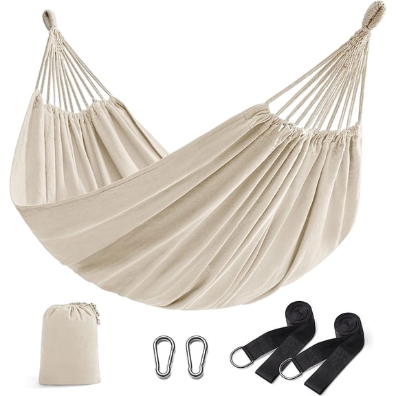 Double Hammock, 98.4 x 59.1 Inches, 660 lb Load Capacity, with Compression Bag, Mounting Straps, Carabiners, for Terrace, Balcony, Garden, Outdoor, Camping, Beige UGDC15M
