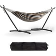 thumbnail image 1 of Double Hammock with Foldable Steel Stand and Carry Bag, Standing Hammock, Indoor Outdoor, 450 LBS Weight Capacity, Suitable for Garden Camping Beach, Coffee, 1 of 8