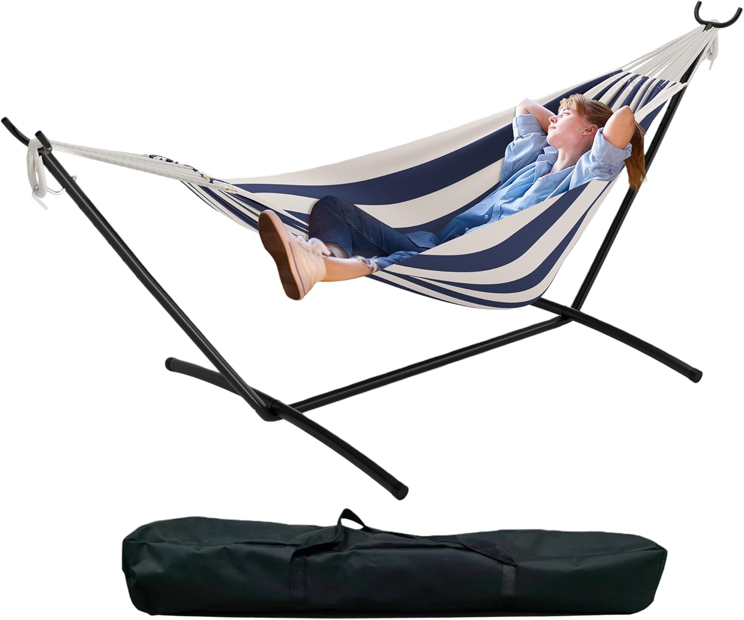 Double Hammock with Foldable Steel Stand and Carrying Bag, Portable Freestanding Hammock for Indoor & Outdoor Use, 450 lbs Capacity, Ideal for Garden, Patio, Camping, Beach, Blue