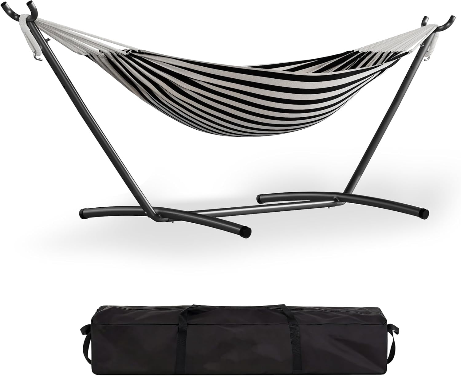 Double Hammock with Foldable Steel Stand and Carrying Bag, Portable Freestanding Hammock for Indoor & Outdoor Use, 450 lbs Capacity, Ideal for Garden, Patio, Camping, Beach, Black