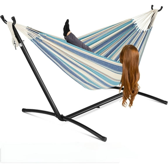 Double Hammock with Foldable Steel Stand and Carrying Bag, Portable Freestanding Hammock for Indoor & Outdoor Use, 450 lbs Capacity, Ideal for Garden, Patio, Camping, Beach, Ocean