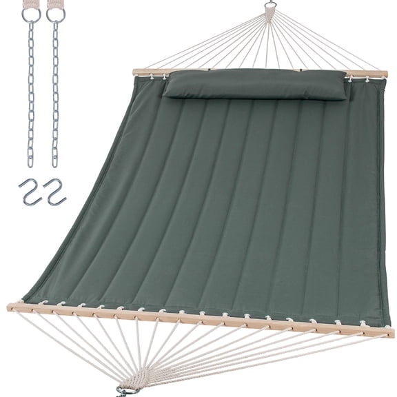 Double Hammock Gray Green 2-Person Outdoor Portable with Hardwood Spreader Bar