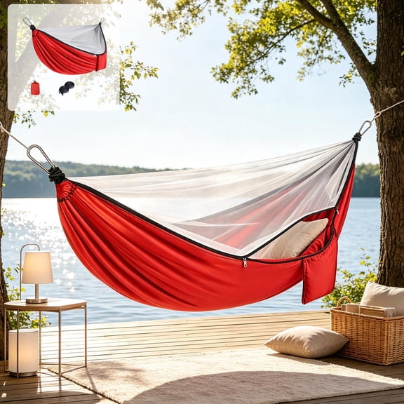 Double Hammock with Hanging Ropes Extra Large 106.3"x55.1" Portable Polyester Hammock for Patio Backyard Porch 450 lbs Weight Capacity Perfect for Outdoor/Indoor (Red)