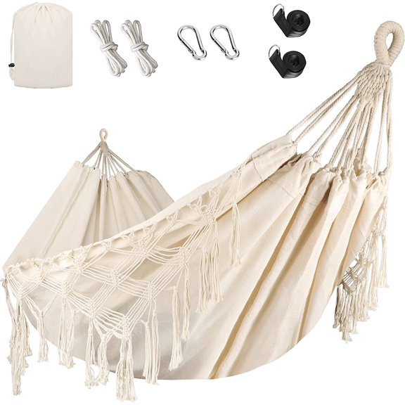 Double Hammock, Heavy Duty 500 lb Load Capacity Tassels and Fishtail Knitting Portable Camping Hammocks with Mounting Straps for Outdoor Camping Patio Balcony Beige
