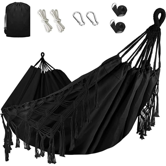 Double Hammock, Heavy Duty 500 lb Load Capacity Tassels and Fishtail Knitting with Mounting Straps for Outdoor Camping Patio Balcony Black