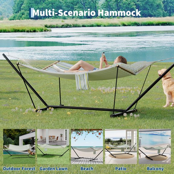 Double Hammock with Heavy-Duty Steel Stand – 2 Person, 450LB Capacity, Quilted Polyester Pad, Soft Pillow, Easy Assembly, Portable Carry Bag – Light Blue and Green Stripes Design