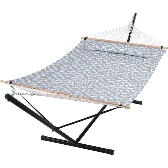 Double Hammock with Metal Stand, 2-Person Cotton Fabric Hammock, Heavy-Duty Indoor/Outdoor Relaxing Lounger, 450 lbs Capacity, Widened Design, Light Grey