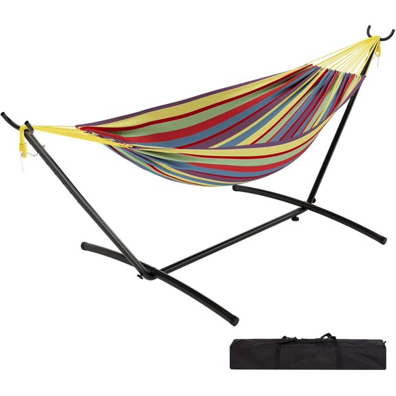 Double Hammock with Space Saving Steel Stand Included - 2 Person Camping Hammock with Carry Bag, Outdoor Portable Hammocks, 450lb Capacity, Standing Hammocks for Garden Yard-Yellow Rainbow