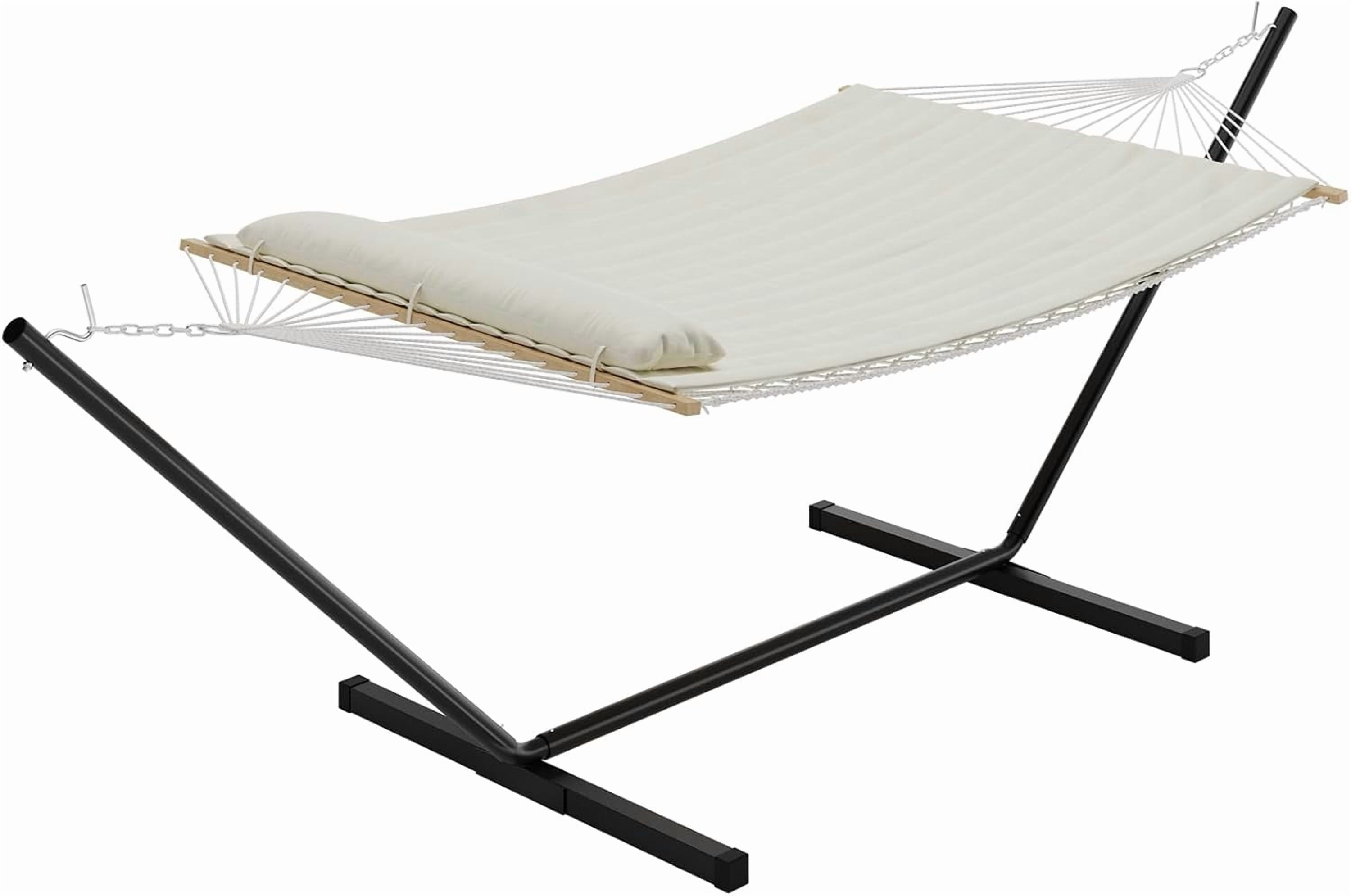 Double Hammock with Space Saving Steel Stand Included - 2 Person Standing Hammock, Handmade Cotton Rope, PP Cotton Pad and Pillow, Outdoor Portable for Backyard and Garden, Off White