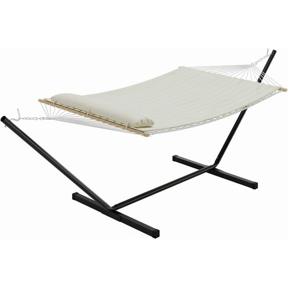 Double Hammock with Space Saving Steel Stand Included - 2 Person Standing Hammock, Handmade Cotton Rope, PP Cotton Pad and Pillow, Outdoor Portable for Backyard and Garden-Off White