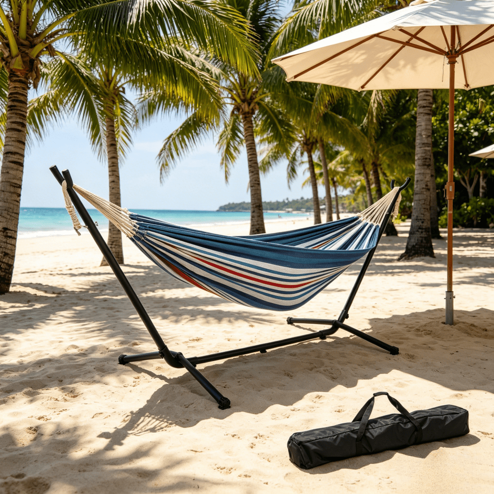Double Hammock with Stand 108.7In 550Lb Capacity 2Person Heavy Duty Steel Frame Blue Purple Cotton Polyester Blend Portable Carrying Bag Included Indoor Outdoor Patio Backyard Easy Assembly Tool Free