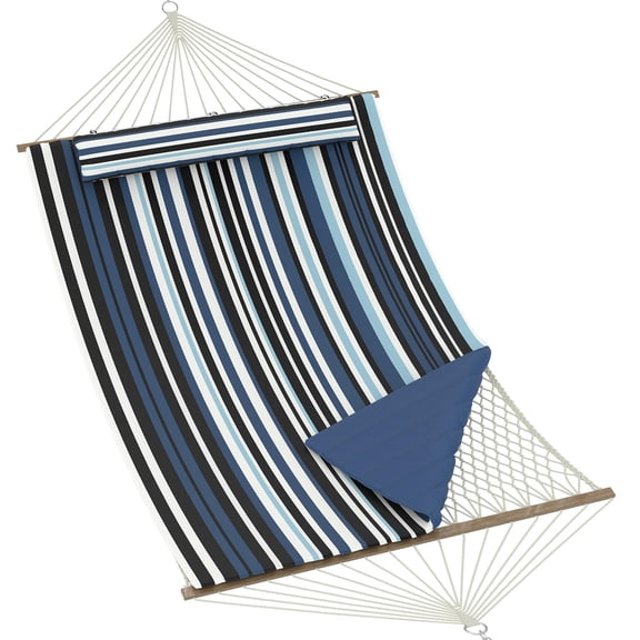 Double Hammock with Stand - 2-in-1 Cotton Rope & Polyester Pad Outdoor Swing, Adjustable Steel Frame, for Patio, Backyard, Garden & Beach - Navy & Light Blue Stripes