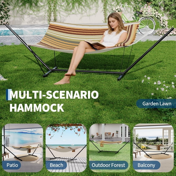Double Hammock and Stand Combo – Quilted Comfort Bed, Hardwood Spreader Bars, Freestanding Steel Frame, Easy Setup & Carry Bag for Indoor/Outdoor Relaxation