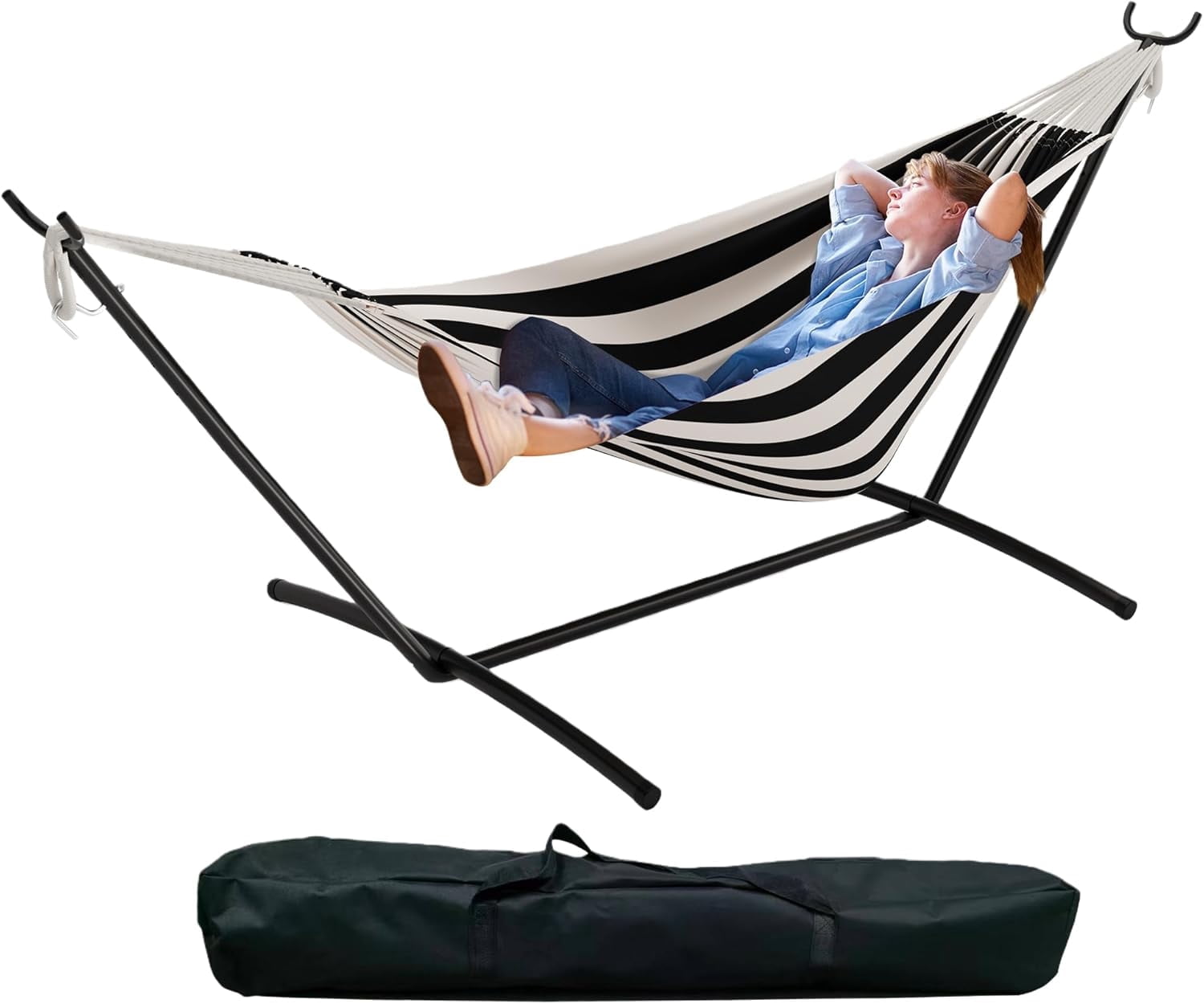 Double Hammock with Stand - Heavy Duty 450lbs Capacity, Portable Cotton Hammock for Two Adults, Indoor & Outdoor Use with Travel Bag, Black&White Stripe Pattern